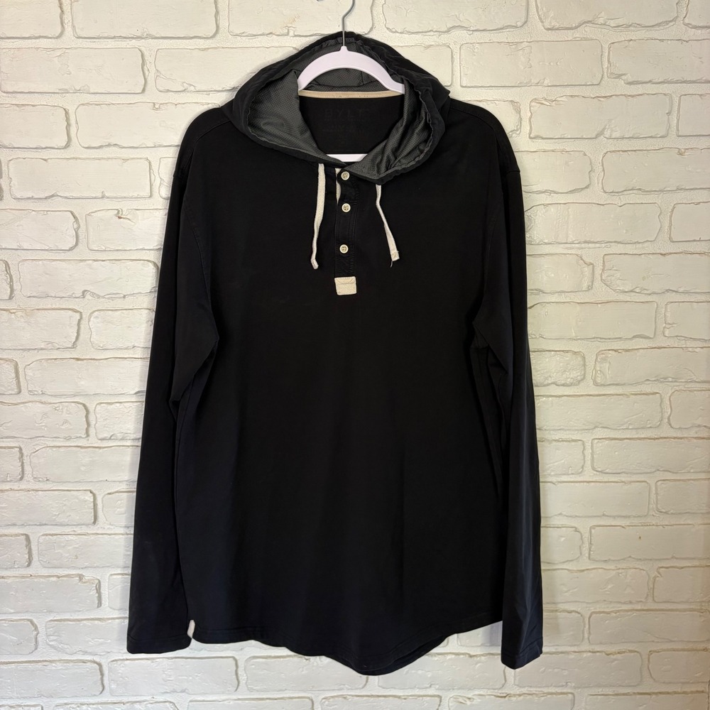 BYLT Basics Drop-Cut Lux Hooded Henley‎ Black Men's Size XL